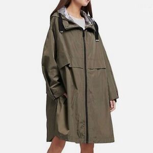 DKNY Oversized Zip Front Water Resistant Logo Graphic Hooded Rain Jacket